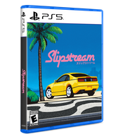 PS5 game case for 'Slipstream' with a yellow car and palm tree on a blue background