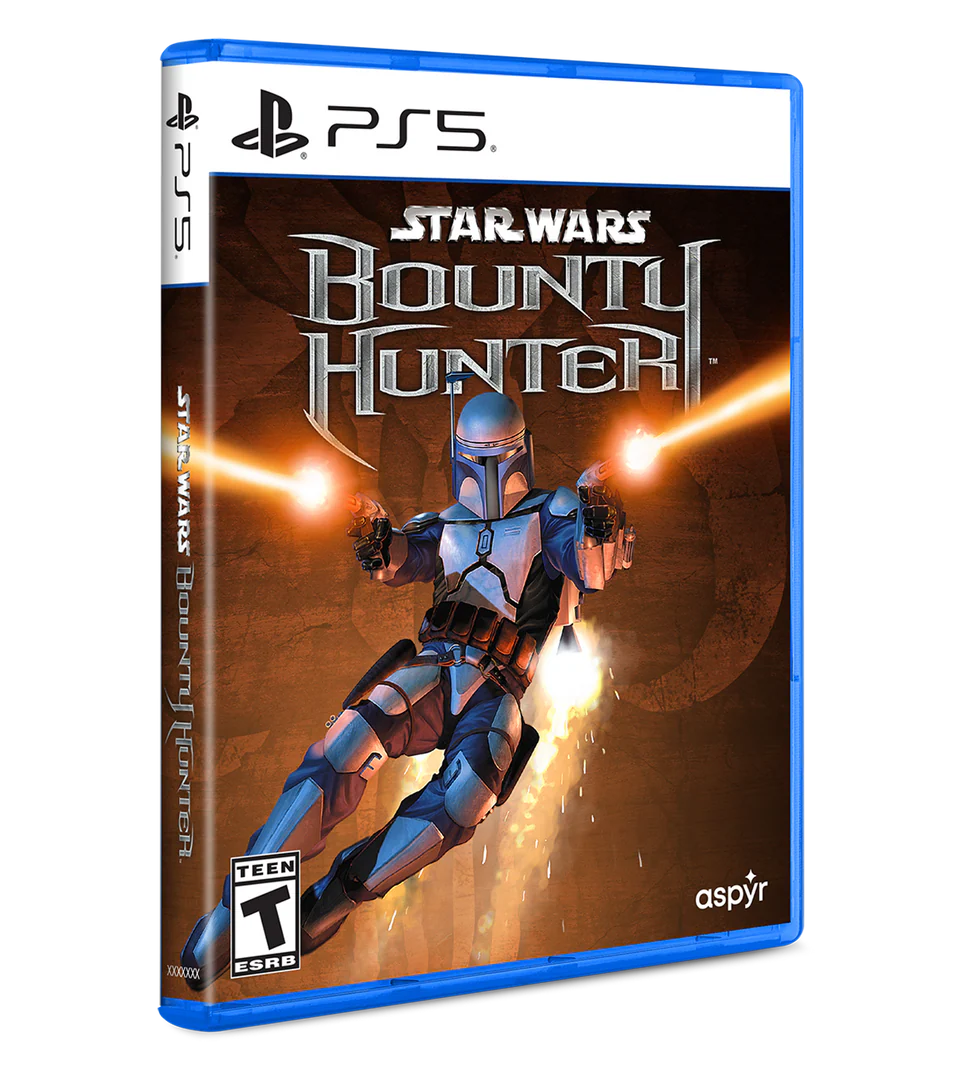 Game box for 'Star Wars: Bounty Hunter' on PS5 with character design and branding.