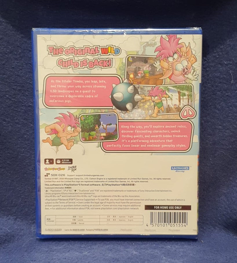 Back cover of a video game case with colorful graphics and text on a blue background