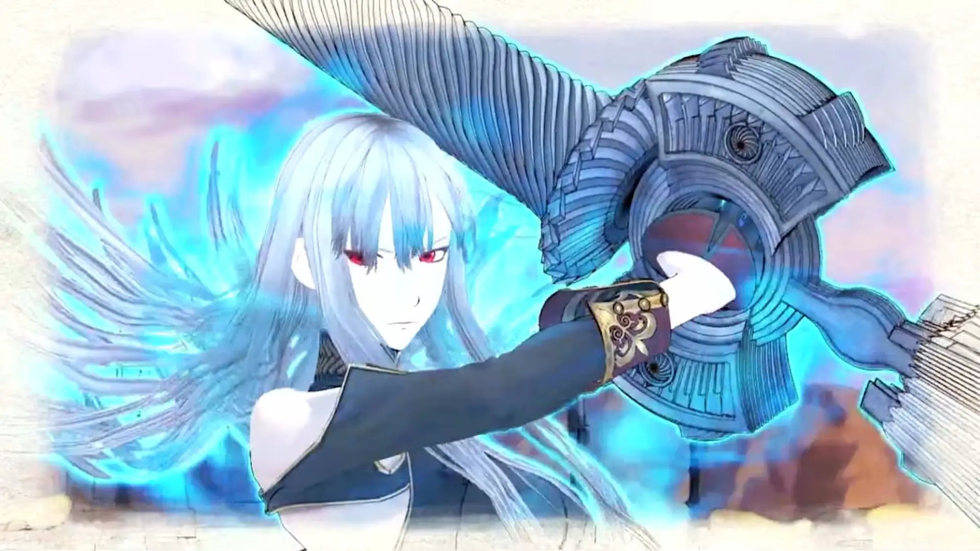 Animated character with white hair and red eyes, holding a large weapon, against a light blue background.