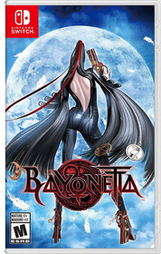 Bayonetta Nintendo Switch game cover featuring the character Bayonetta with black hair and multiple guns, set against a moonlit backdrop with a large sword in hand.