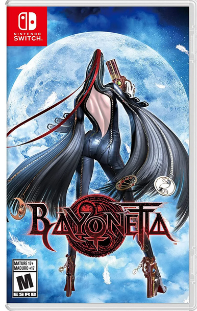 Bayonetta Nintendo Switch game cover featuring the character Bayonetta with black hair and multiple guns, set against a moonlit backdrop with a large sword in hand.